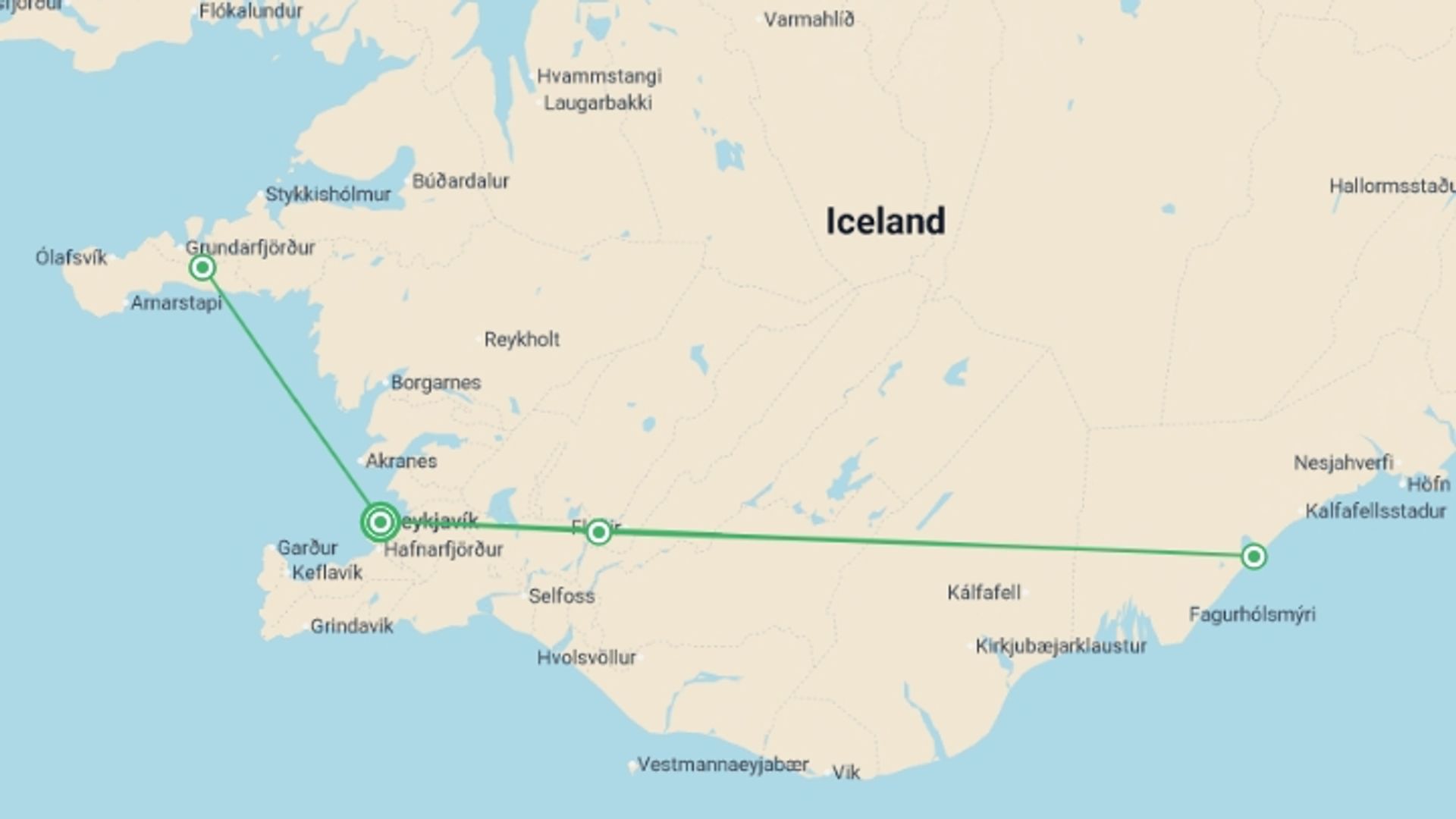 A map showing the tour itinerary for the trip: Iceland (Winter): Geysers & Glaciers, starting in Reykjavik, Iceland and ending in Reykjavik, Iceland going through 3 other destinations.