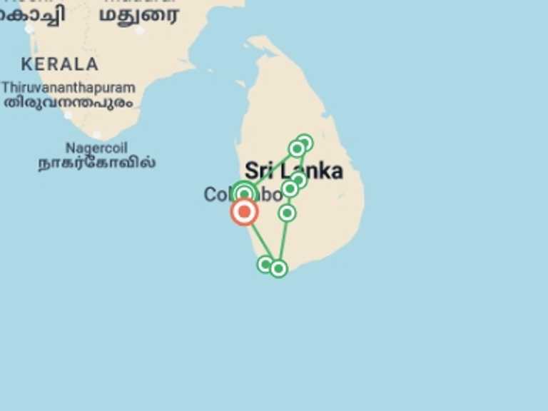 Map itinerary of Sri Lanka Tour in April 2027 with 8 destination visits for the trip: Sri Lanka: Hike, Bike & Kayak