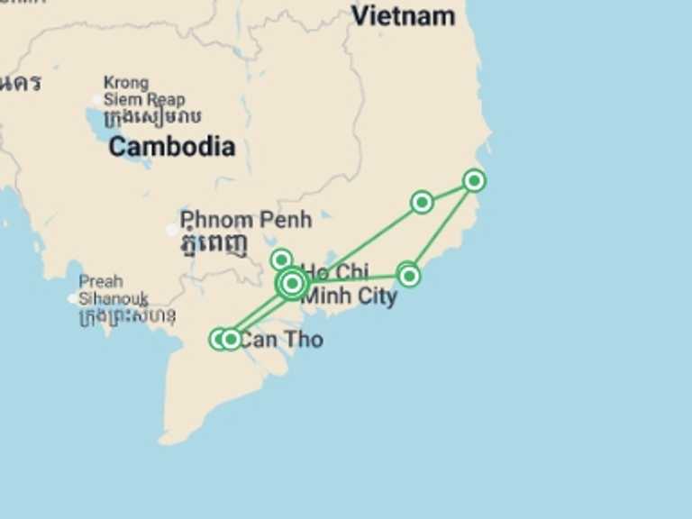 Map of Asia Tour with 6 destination visits for the trip: Highlights of South Vietnam - 11 days