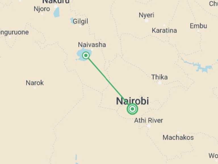Map of Africa Tour with 3 destination visits for the trip: 2-Day Hell's Gate, Lake Naivasha & Crescent Island