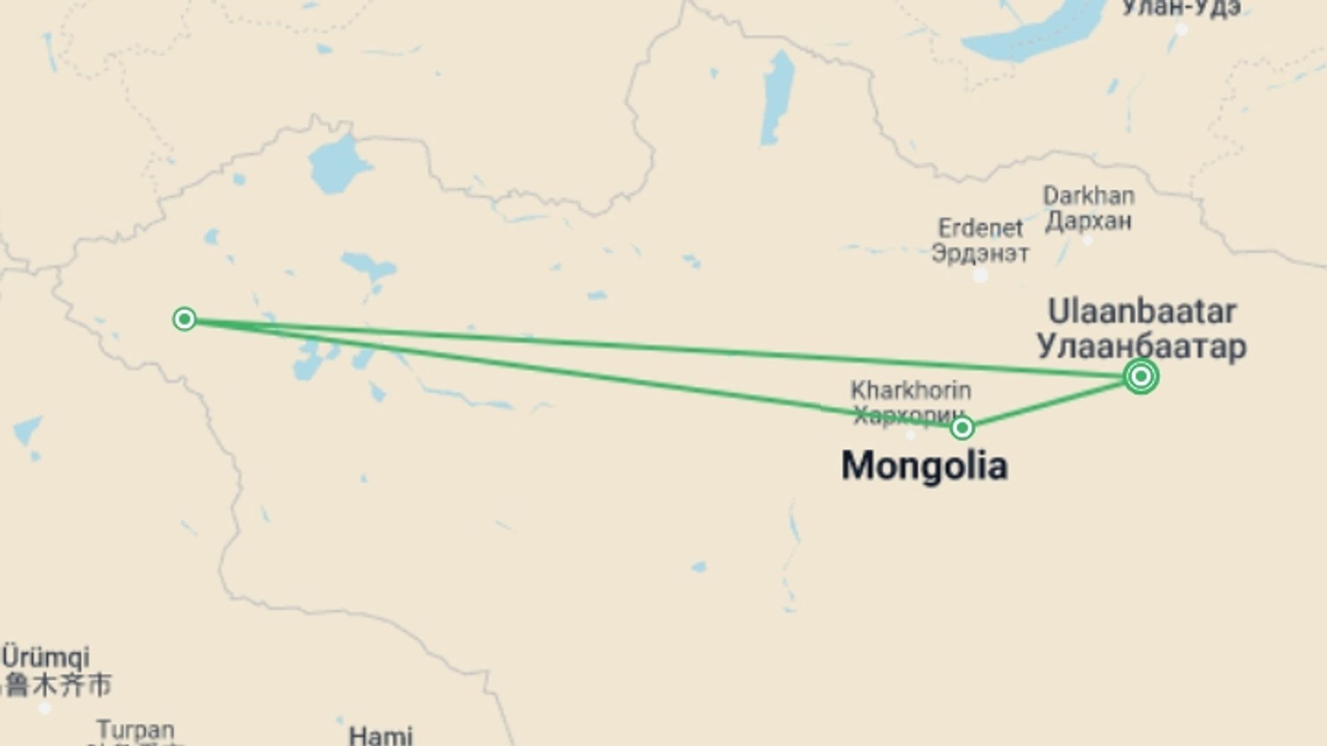 A map showing the tour itinerary for the trip: Golden Eagle Festival Tour, starting in Ulaanbaatar, Mongolia and ending in Ulaanbaatar, Mongolia going through 1 other destinations.