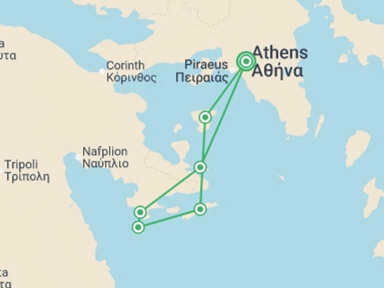 Map itinerary of Balkans Tour in April 2026 with 6 destination visits for the trip: Peloponnese and Saronic Islands Bike & Boat