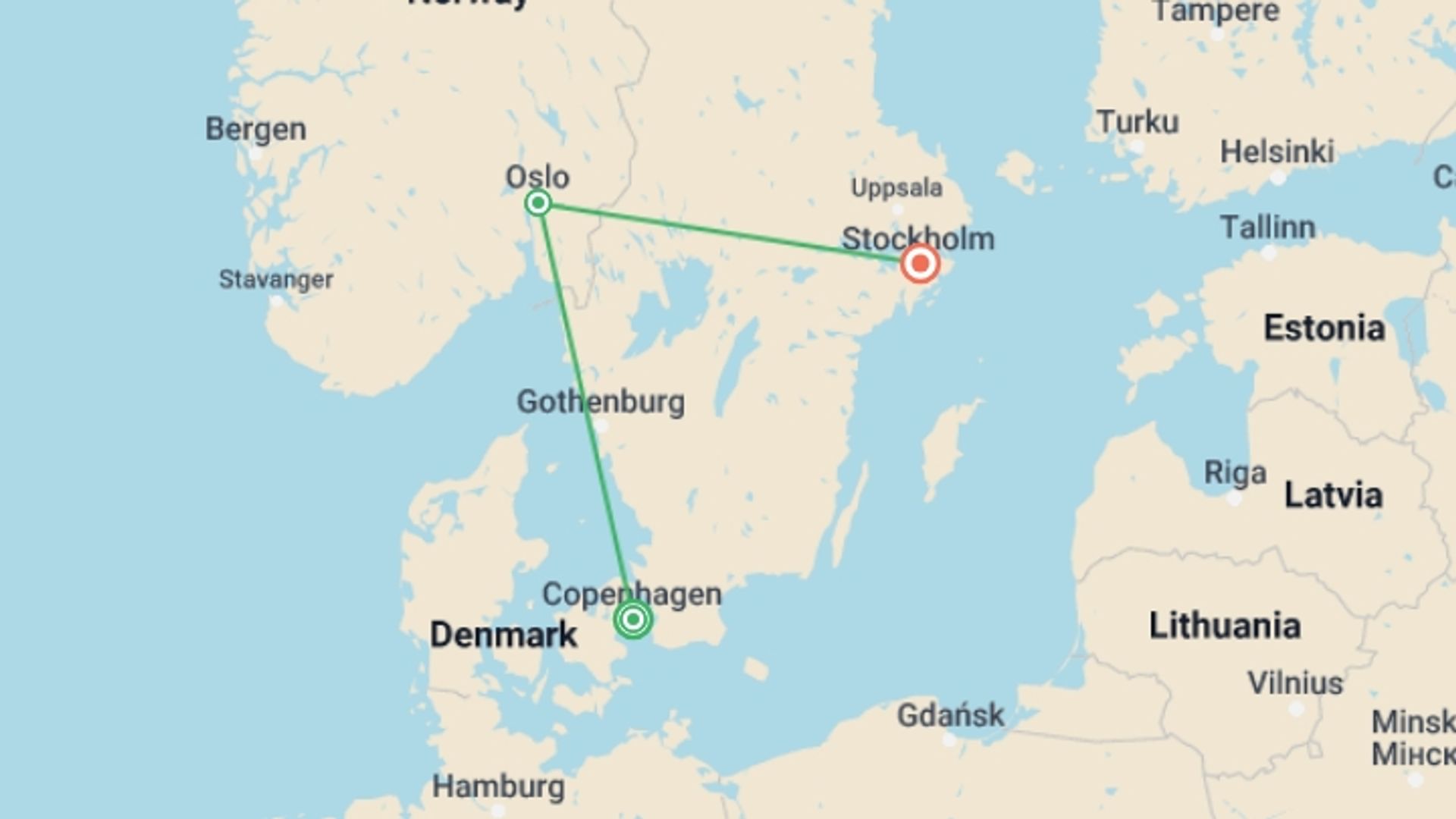 A map showing the tour itinerary for the trip: Discover Copenhagen, Oslo and Stockholm, starting in Copenhagen, Denmark and ending in Stockholm, Sweden going through 1 other destinations.