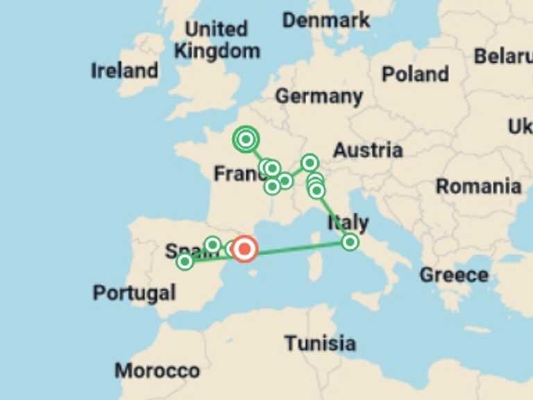 Map of France and Spain Tour with 7 destination visits for the trip: Enchanted Landscapes