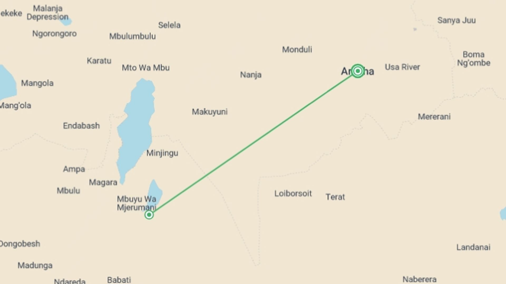A map showing the tour itinerary for the trip: 2 Days Tarangire and Ngorongoro Wildlife Safari, starting in Arusha, Tanzania and ending in Arusha, Tanzania going through 2 other destinations.