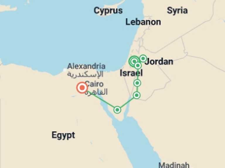 Map itinerary of Mediterranean Tour in December 2026 with 7 destination visits for the trip: Classical Jerusalem, Jordan and Cairo
