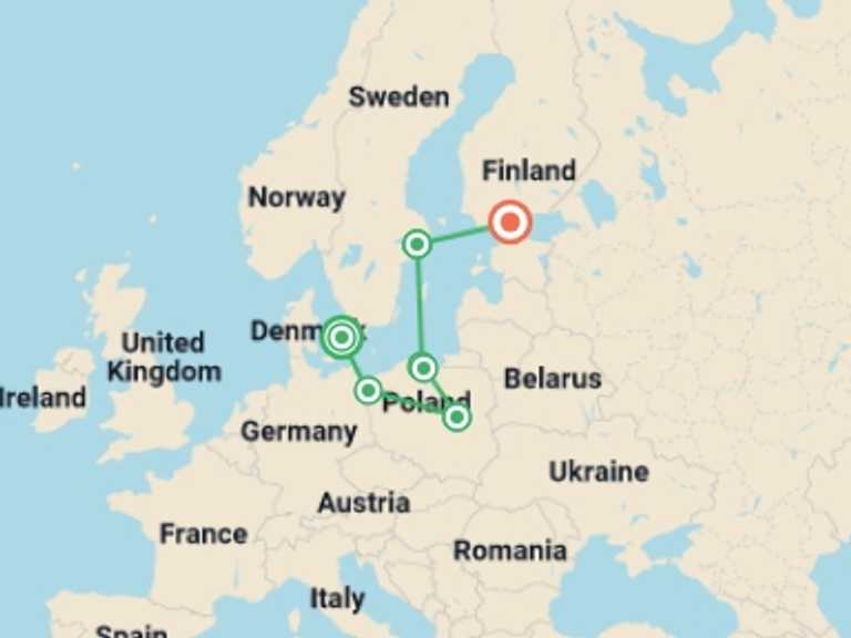 Map of Europe Tour with 7 destination visits for the trip: Nordic Gems and Poland End Helsinki