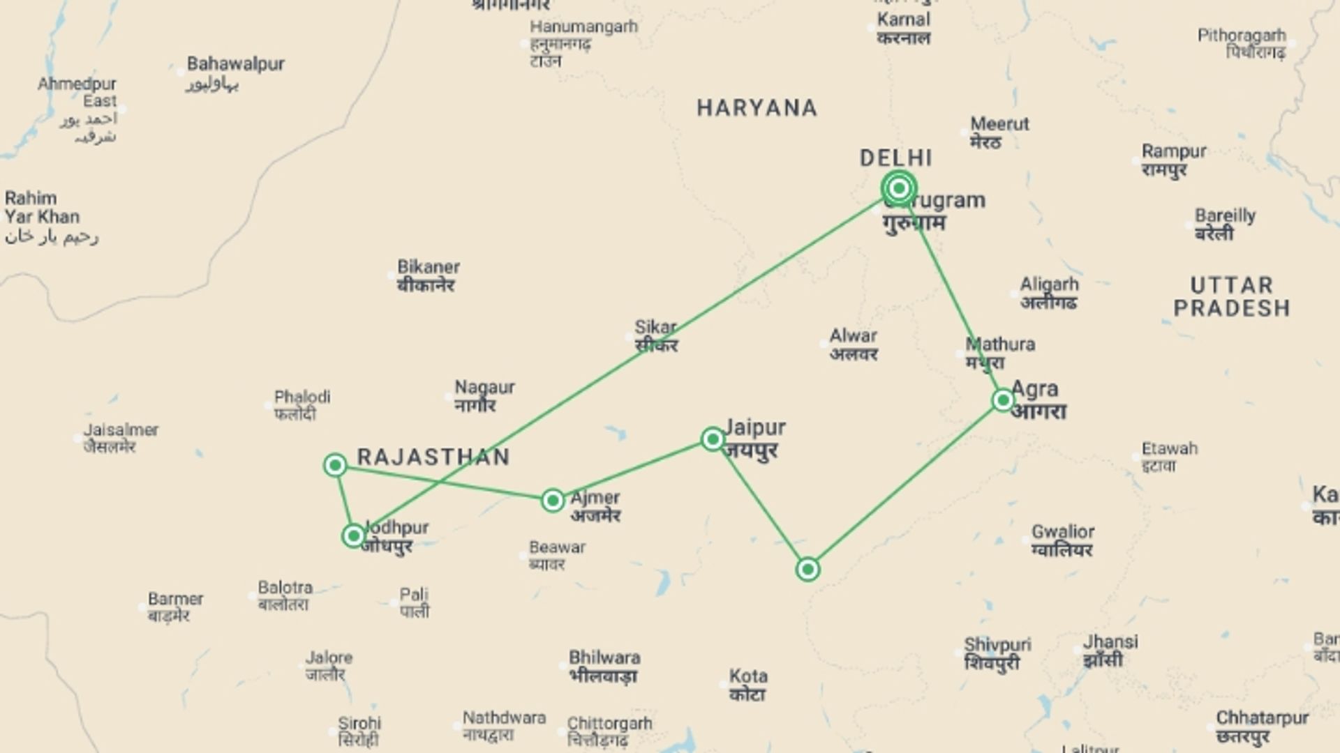 A map showing the tour itinerary for the trip: Rajasthan & Golden Triangle Adventure  - 13 days, starting in New Delhi, India and ending in New Delhi, India going through 6 other destinations.