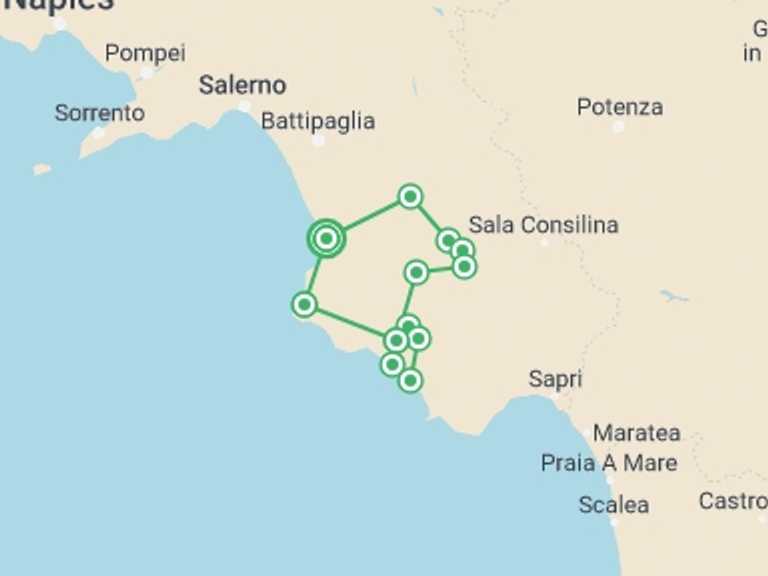 Map itinerary of Italy Tour in August 2027 with 5 destination visits for the trip: Paestum & the Cilento National Park