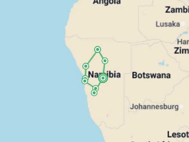 Map itinerary of Africa Tour in April 2027 with 7 destination visits for the trip: Discover Namibia - Camping