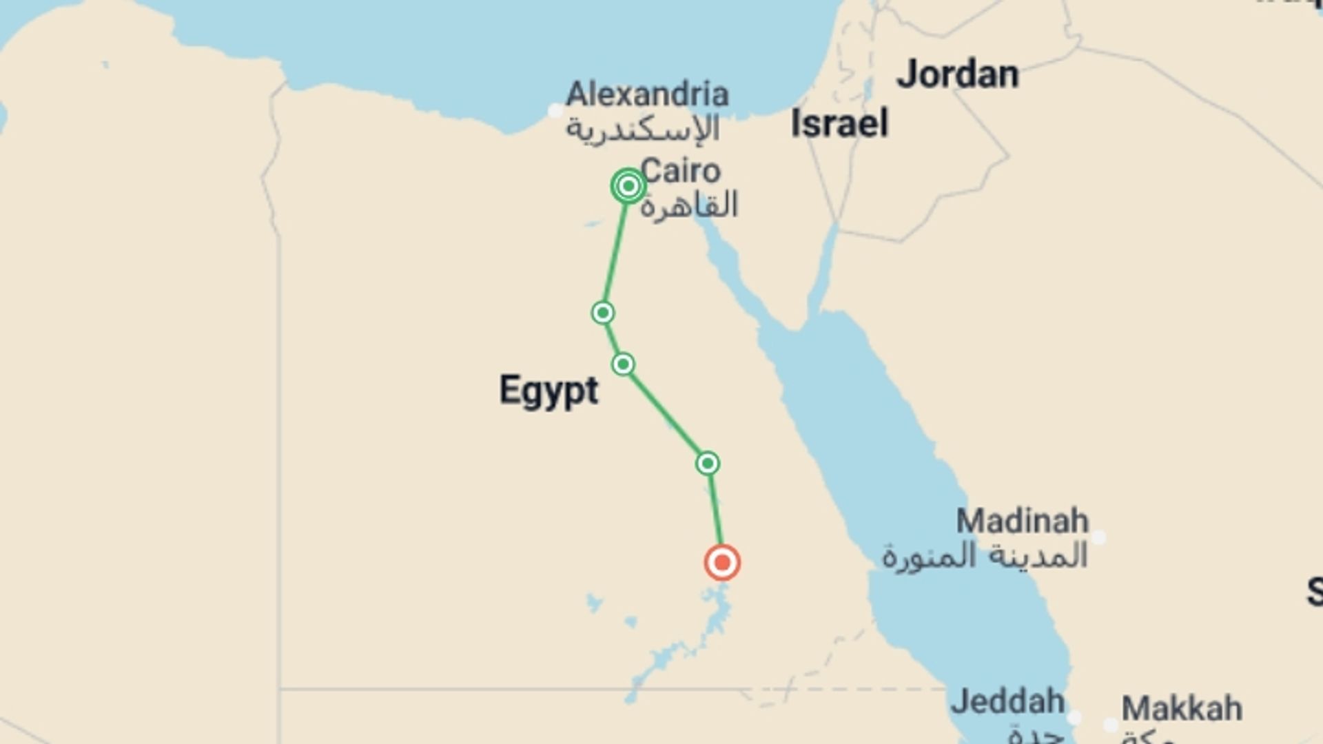 A map showing the tour itinerary for the trip: Egypt, a journey through time, starting in Cairo, Egypt and ending in Aswan, Egypt going through 3 other destinations.