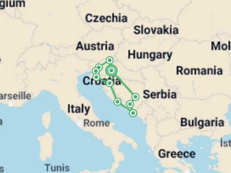 Map of a City sightseeing Tour with 6 destination visits for the trip: Highlights of Croatia Bosnia and Slovenia