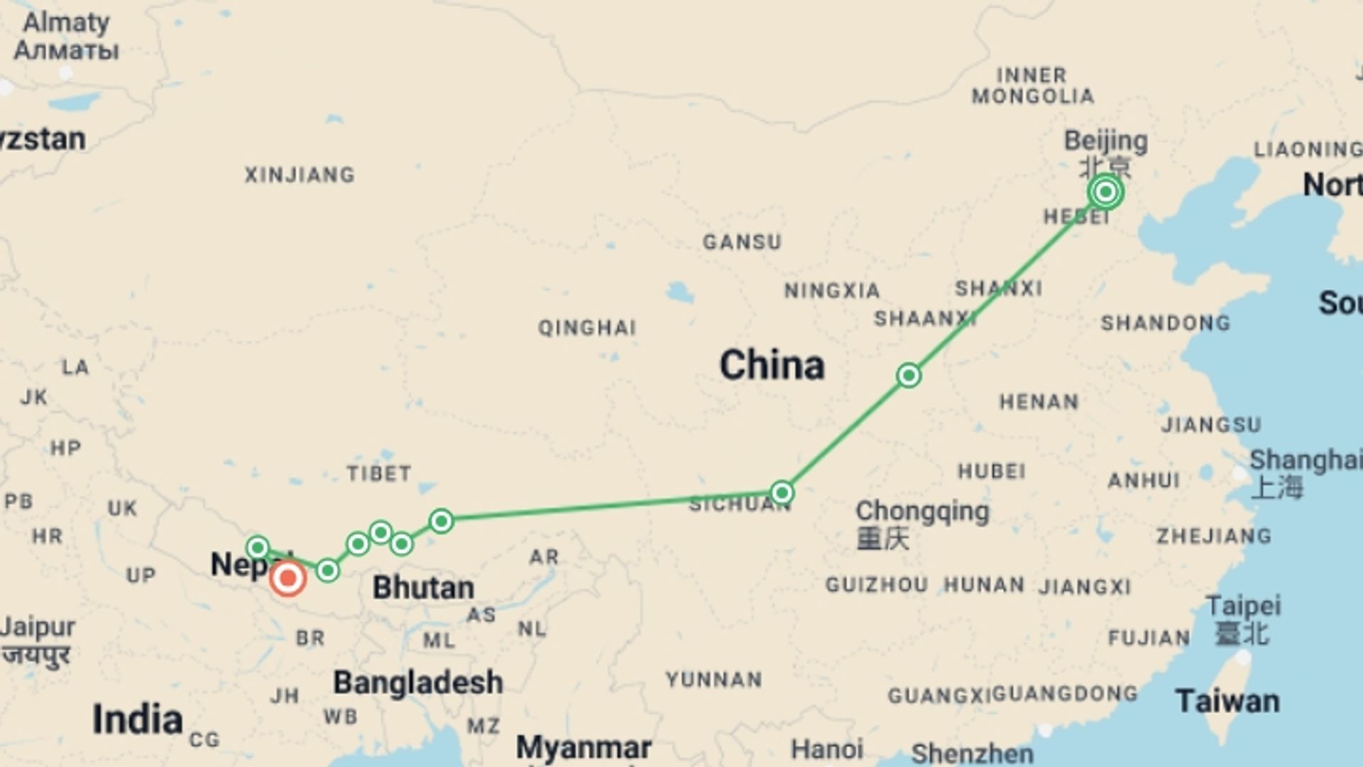 A map showing the tour itinerary for the trip: Best of China & Tibet, starting in Beijing, China and ending in Kathmandu, Nepal going through 8 other destinations.