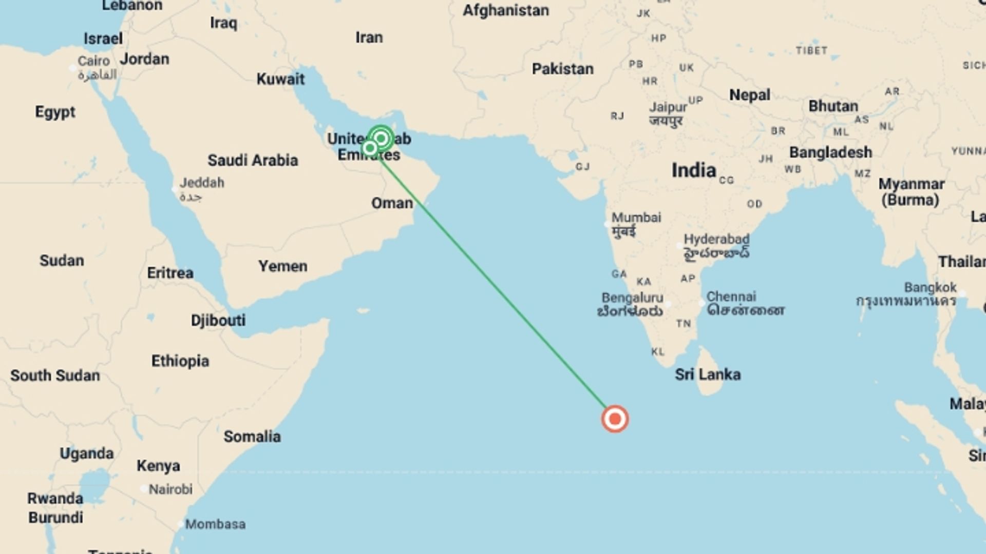 A map showing the tour itinerary for the trip: Dubai, Abu Dhabi & Maldives Break - 11 days, starting in Dubai, UAE and ending in Male, Maldives going through 1 other destinations.