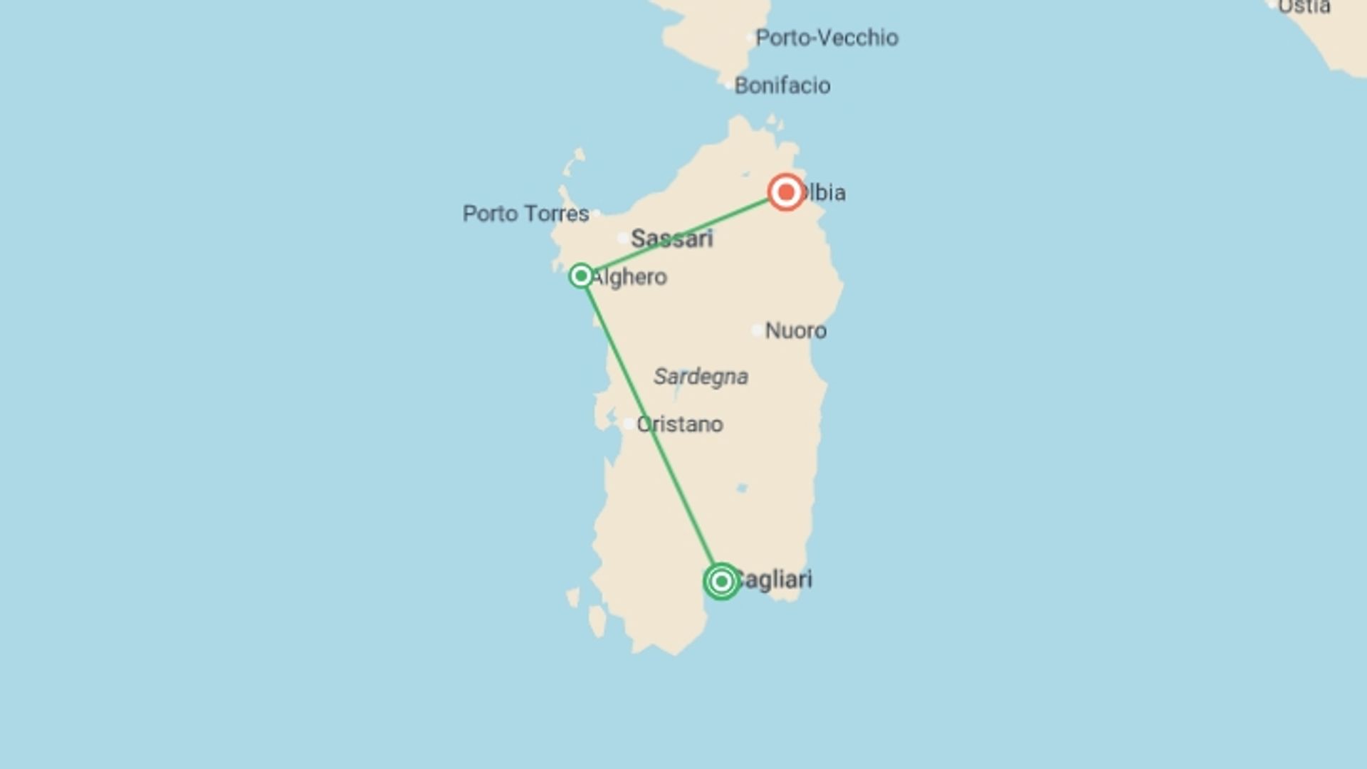 A map showing the tour itinerary for the trip: Sardinian Splendours: A 7-Day Small Group Tour, starting in Cagliari, Italy and ending in Olbia, Italy going through 1 other destinations.