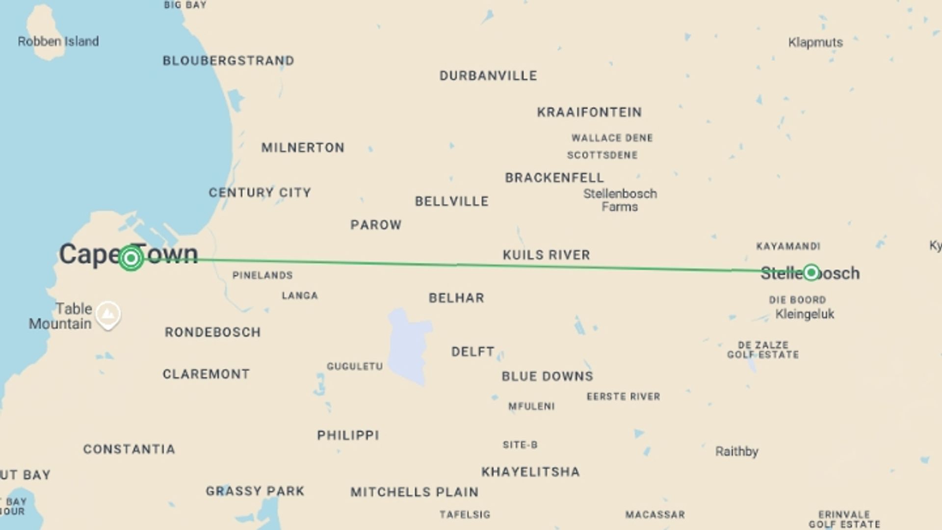 A map showing the tour itinerary for the trip: Cape Town Food & Culture Experience 6D/5N, starting in Cape Town, South Africa and ending in Cape Town, South Africa going through 0 other destinations.