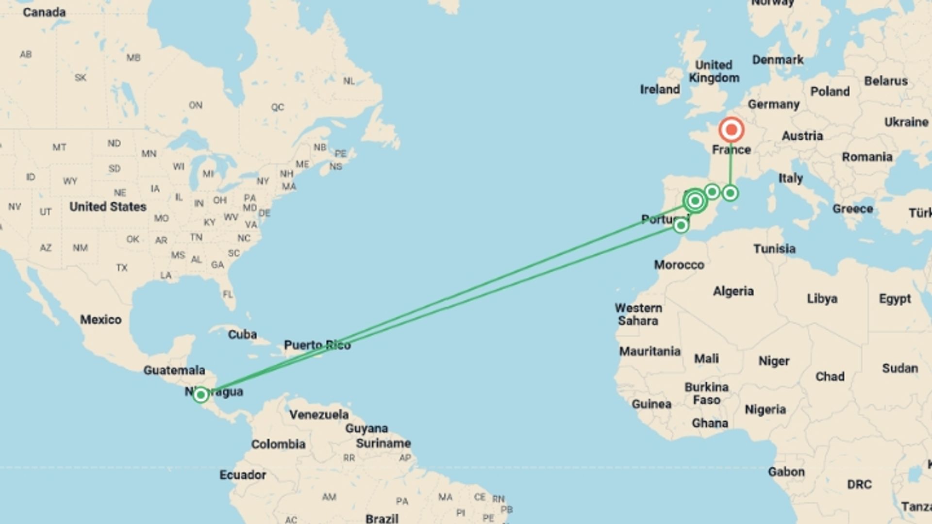 A map showing the tour itinerary for the trip: Classical Spain with Paris GO, starting in Madrid, Spain and ending in Paris, France going through 4 other destinations.