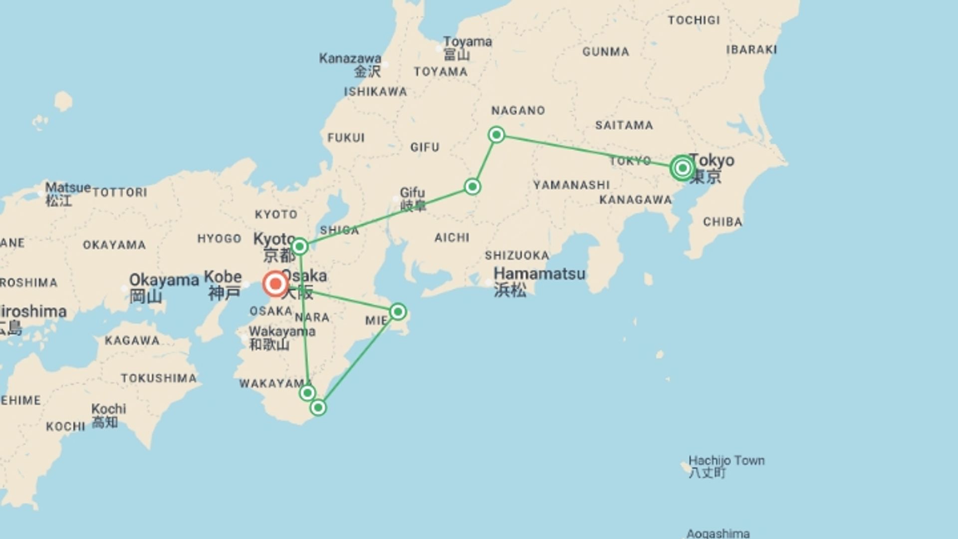 A map showing the tour itinerary for the trip: Japan: Hike, Bike & Kayak, starting in Tokyo, Japan and ending in Osaka, Japan going through 7 other destinations.