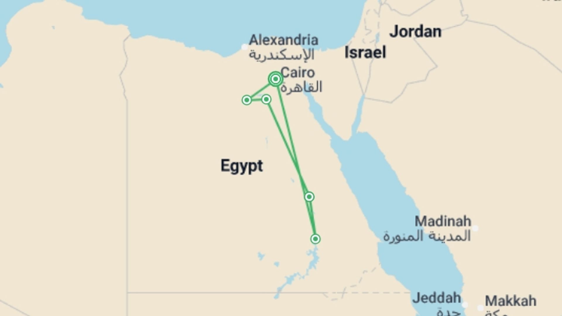 A map showing the tour itinerary for the trip: Ancient Egypt: Pyramids & Deserts, starting in Cairo, Egypt and ending in Cairo, Egypt going through 3 other destinations.