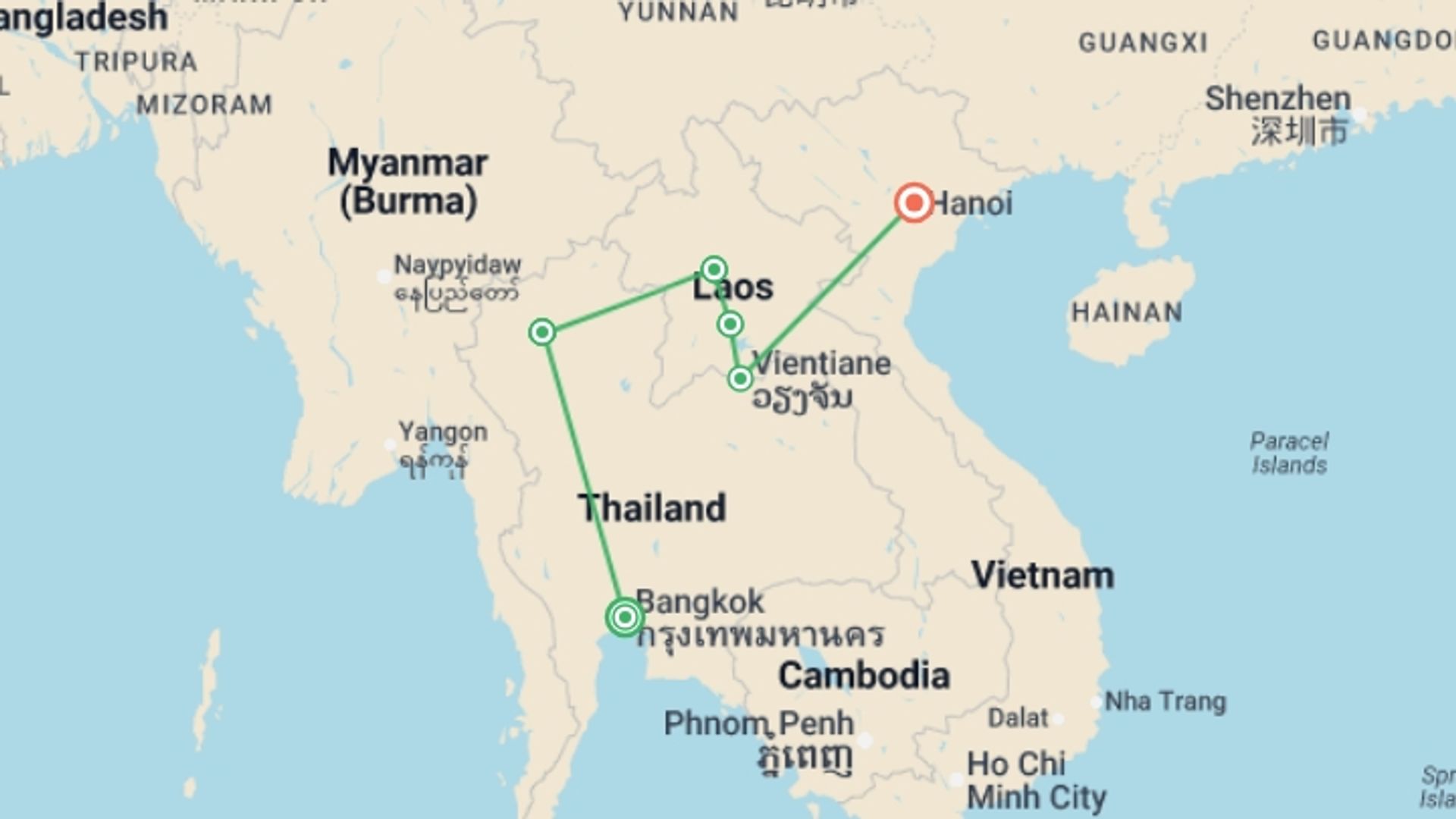 A map showing the tour itinerary for the trip: Essential Bangkok to Hanoi - 14 days, starting in Bangkok, Thailand and ending in Hanoi, Vietnam going through 3 other destinations.