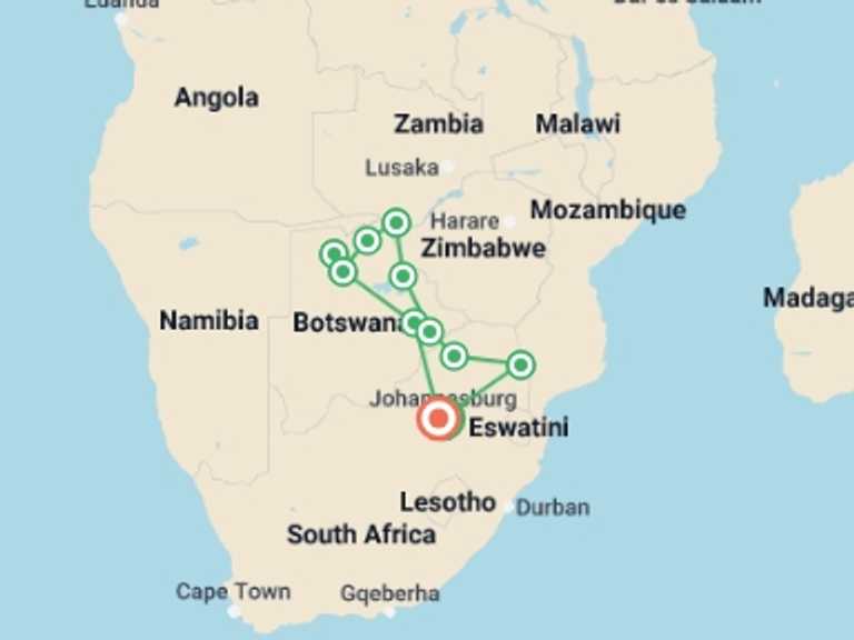 Map of a Road Tour with 11 destination visits for the trip: Experience Southern Africa