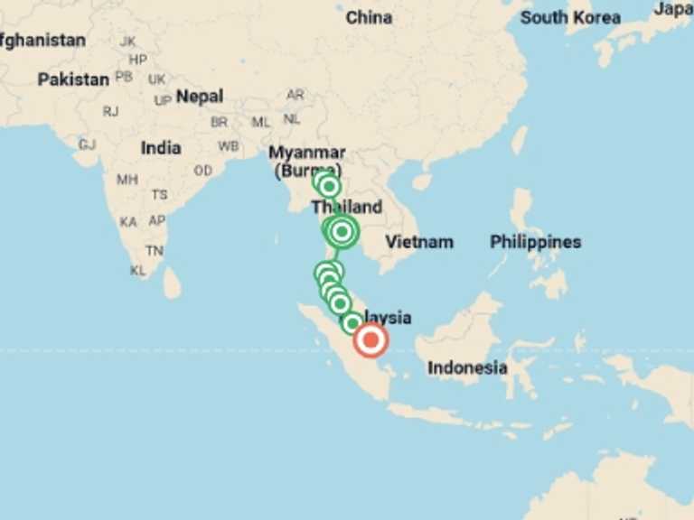 Map itinerary of Bangkok Tour in March 2027 with 11 destination visits for the trip: Thailand, Malaysia and Singapore Escapade