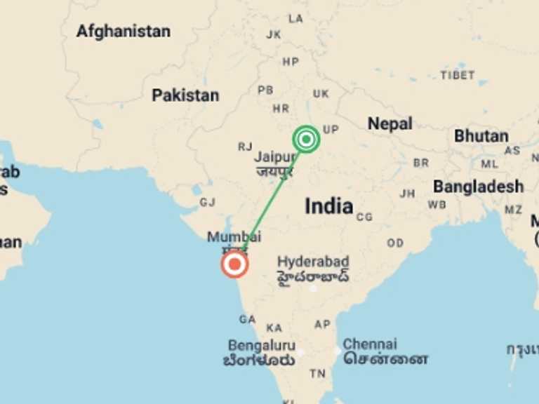 Map itinerary of India Tour in September 2027 with 2 destination visits for the trip: Mumbai Agra Mumbai Tour