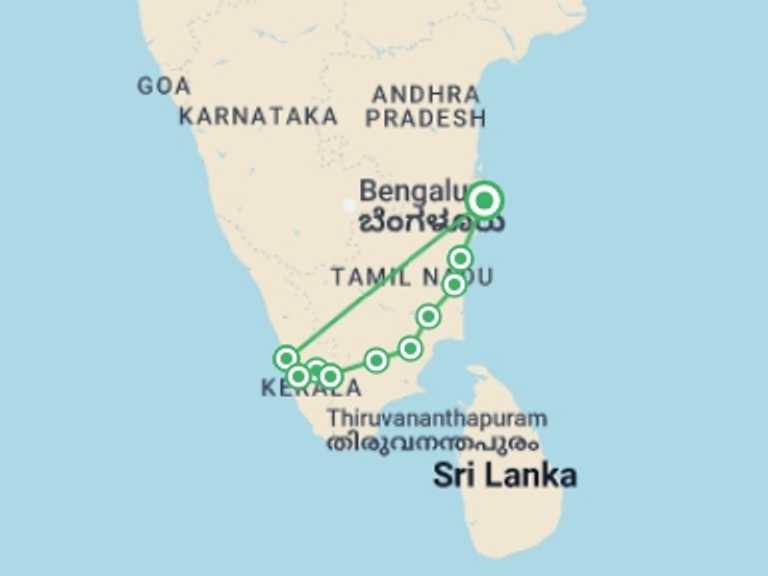 Map itinerary of Asia Tour in January 2027 with 10 destination visits for the trip: Southern India Coast to Coast Ride