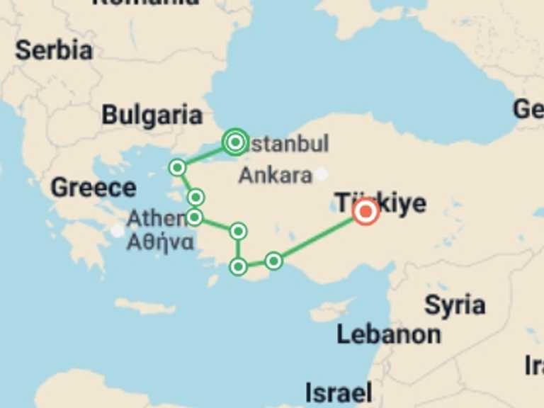 Map itinerary of Europe Tour in May 2026 with 8 destination visits for the trip: Turkish Odyssey - 13 days