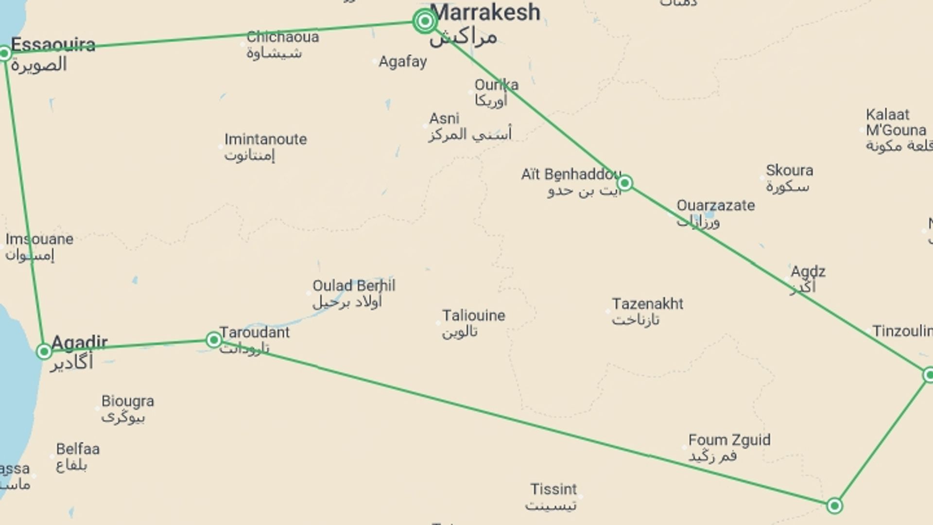 A map showing the tour itinerary for the trip: Southern Morocco - 8 days, starting in Marrakech, Morocco and ending in Marrakech, Morocco going through 6 other destinations.