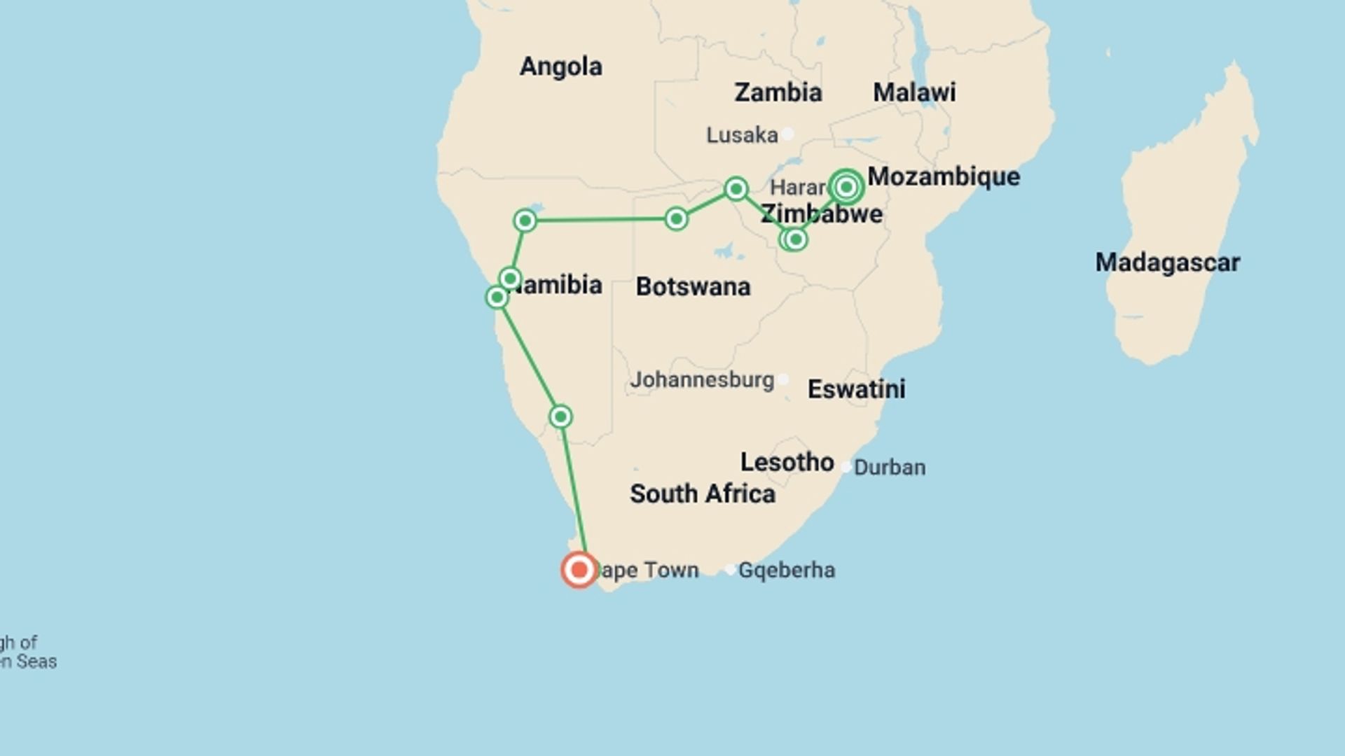 A map showing the tour itinerary for the trip: Harare To Cape Town (34 Days) Deltas & Dunes, starting in Harare, Zimbabwe and ending in Cape Town, South Africa going through 10 other destinations.