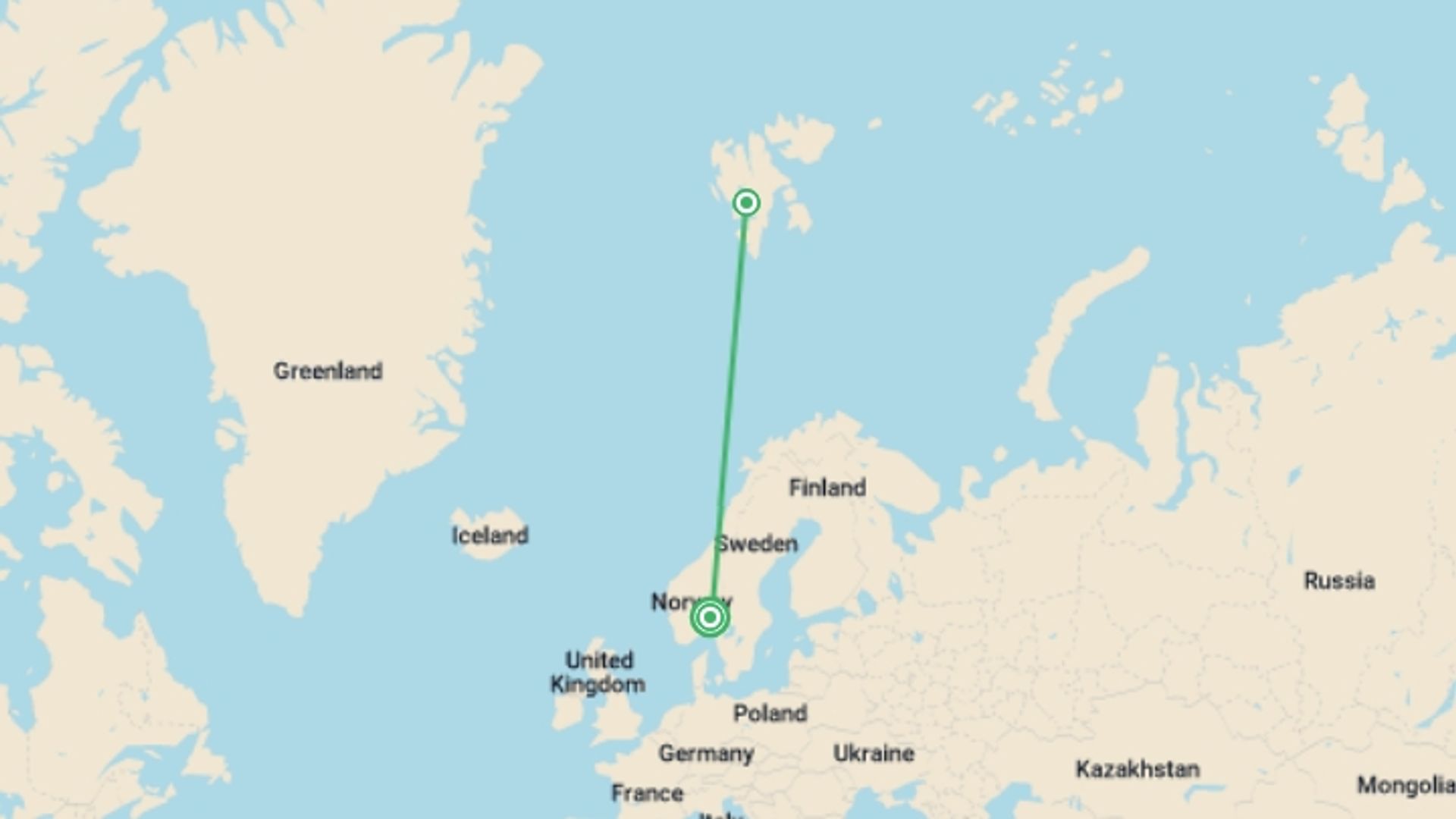 A map showing the tour itinerary for the trip: Spectacular Svalbard - 6 days, starting in Oslo, Norway and ending in Oslo, Norway going through 1 other destinations.