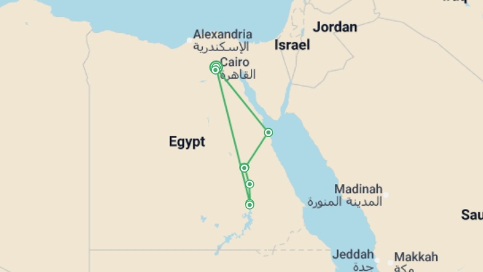 A map showing the tour itinerary for the trip: Nubians & Beaches, starting in Cairo, Egypt and ending in Cairo, Egypt going through 4 other destinations.