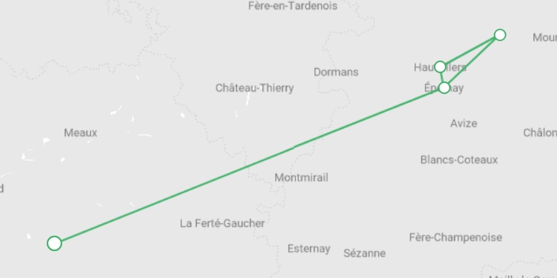 A map showing the tour itinerary for the trip: Walking The Vineyards of Champagne - Deluxe, starting in Champagne, France and ending in Champagne, France going through 3 other destinations.