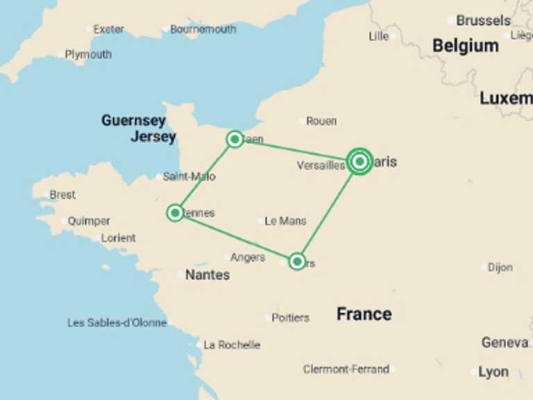 Map itinerary of France Tour in August 2026 with 4 destination visits for the trip: France Mon Amour