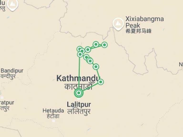 Map itinerary of Nepal Tour in Winter with 12 destination visits for the trip: Langtang Valley Trek