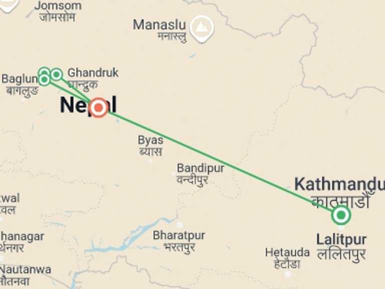 Map of Pokhara Trekking and Hiking Tour with 6 destination visits for the trip: Ghorepani Poon hill Trek 5 days