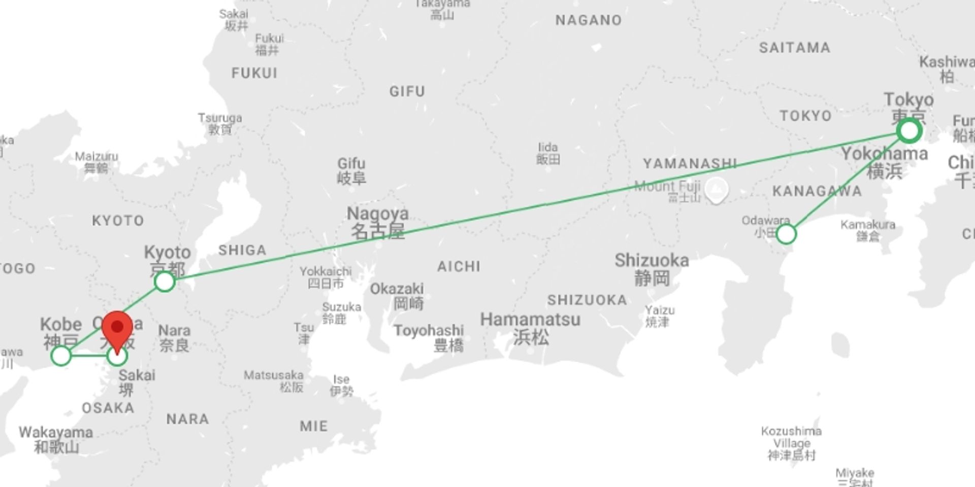A map showing the tour itinerary for the trip: Japan Spring with Cherry Blossom(Mini Group), starting in undefined, Japan and ending in undefined, Japan going through 0 other destinations.
