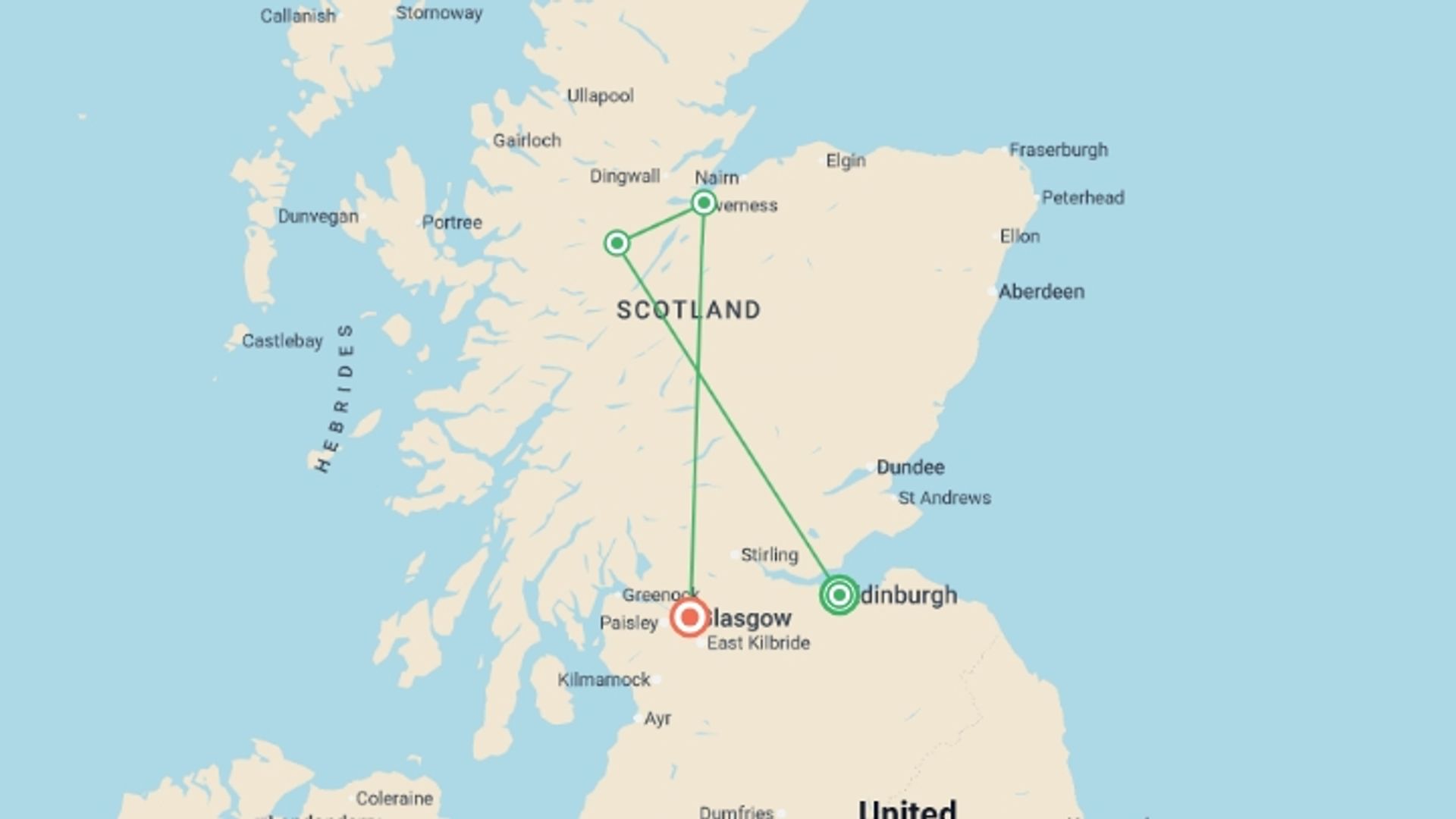 A map showing the tour itinerary for the trip: Best of Scotland, starting in Edinburgh, Scotland and ending in Glasgow, Scotland going through 2 other destinations.
