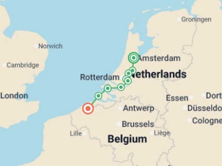 Map itinerary of Europe Tour in July 2026 with 8 destination visits for the trip: Cycle Amsterdam to Bruges