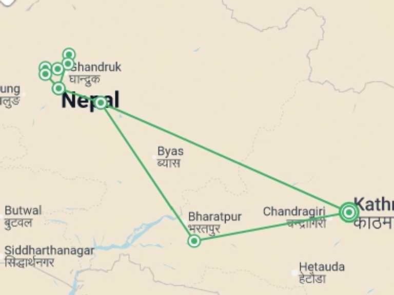 Map itinerary of Asia Tour in October 2026 with 9 destination visits for the trip: Annapurna Panorama - 12 days