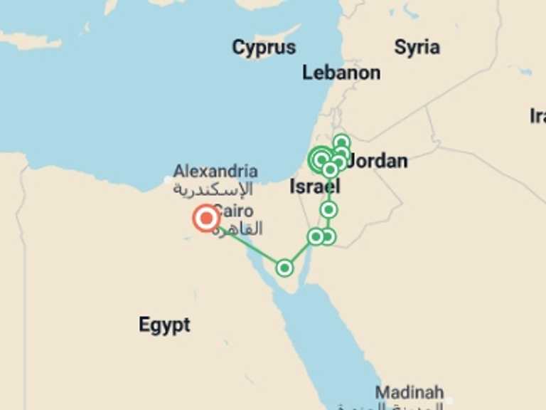 Map itinerary of Asia Tour in August 2026 with 7 destination visits for the trip: Classical Jerusalem, Jordan and Cairo