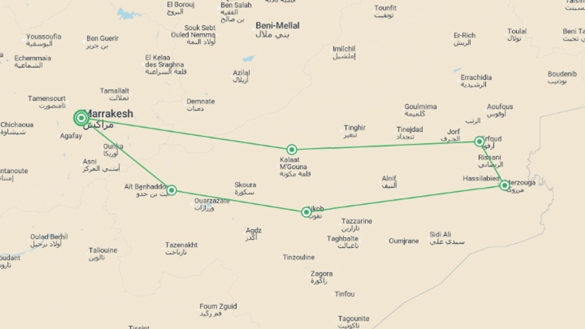 A map showing the tour itinerary for the trip: Cycle Morocco - Atlas to the Sahara, starting in Marrakech, Morocco and ending in Marrakech, Morocco going through 6 other destinations.