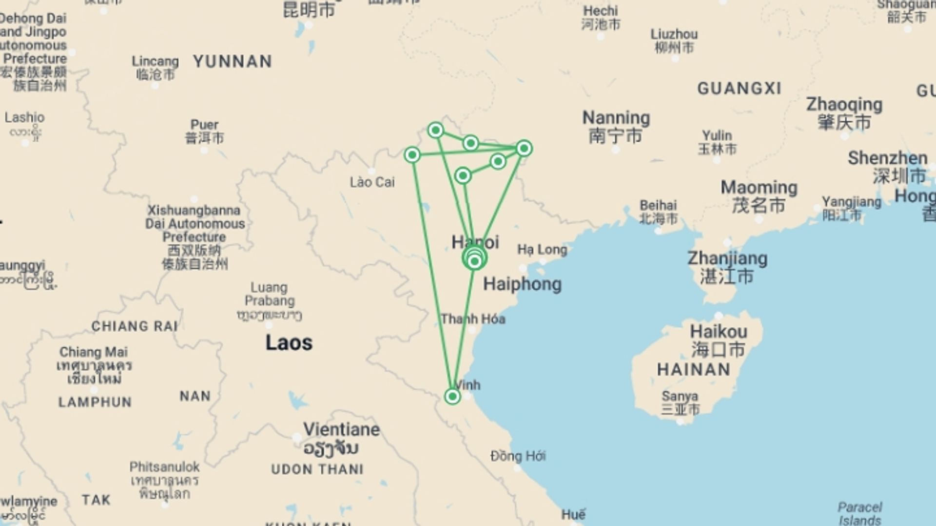 A map showing the tour itinerary for the trip: Ha Giang and Cao Bang: Vietnam's Frontier by Road Bike, starting in Hanoi, Vietnam and ending in Hanoi, Vietnam going through 9 other destinations.