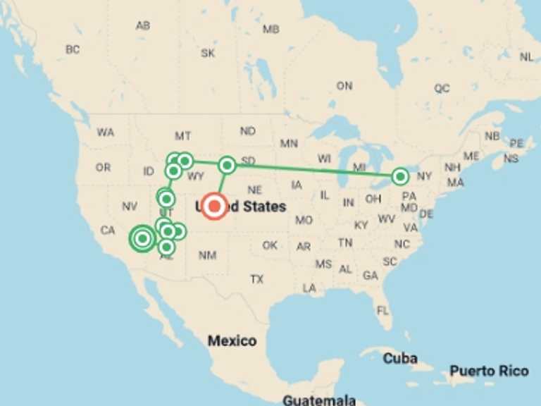 Map of Jackson Tour with 12 destination visits for the trip: Spectacular Canyons and National Parks