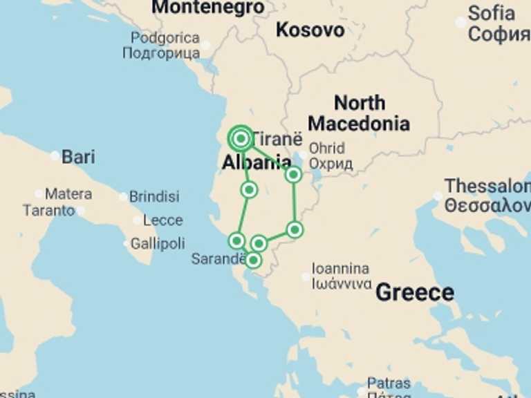 Map of Albania Tour with 8 destination visits for the trip: Cycle Albania