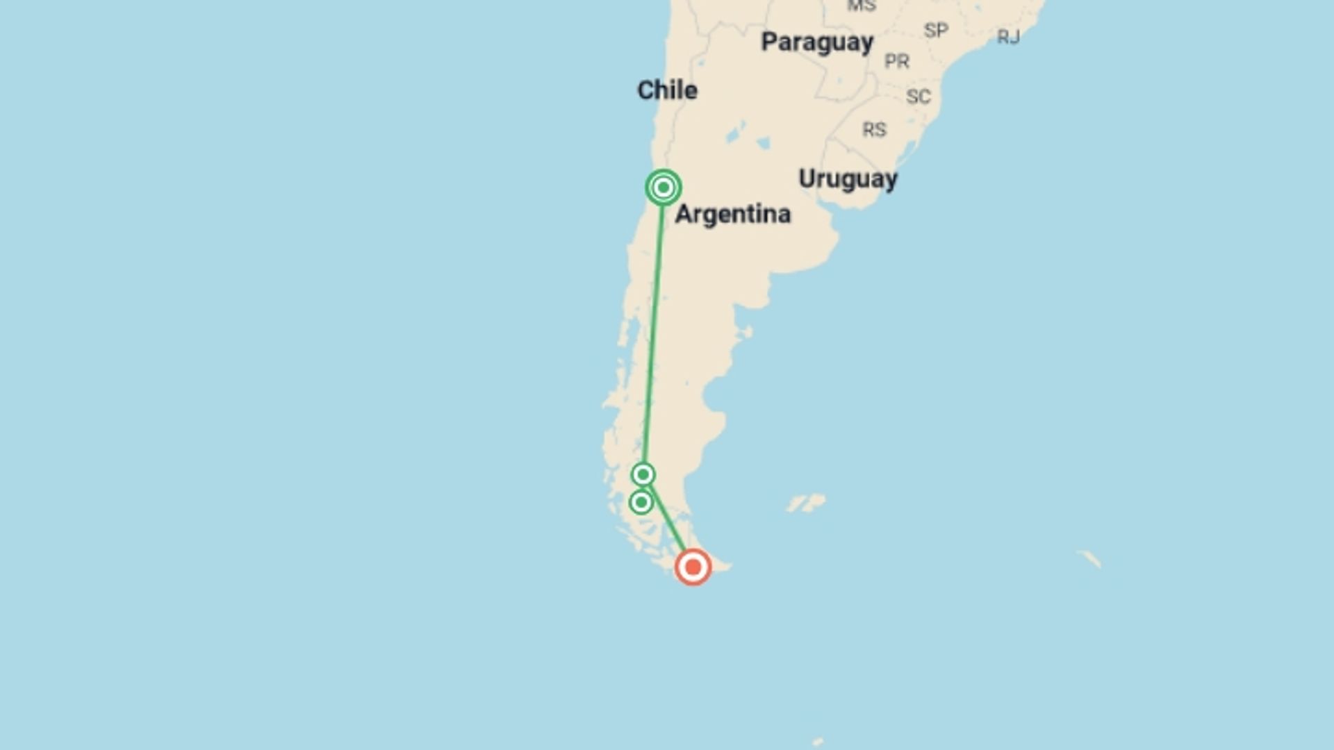 A map showing the tour itinerary for the trip: Premium Patagonia, starting in Santiago, Chile and ending in Ushuaia, Argentina going through 2 other destinations.