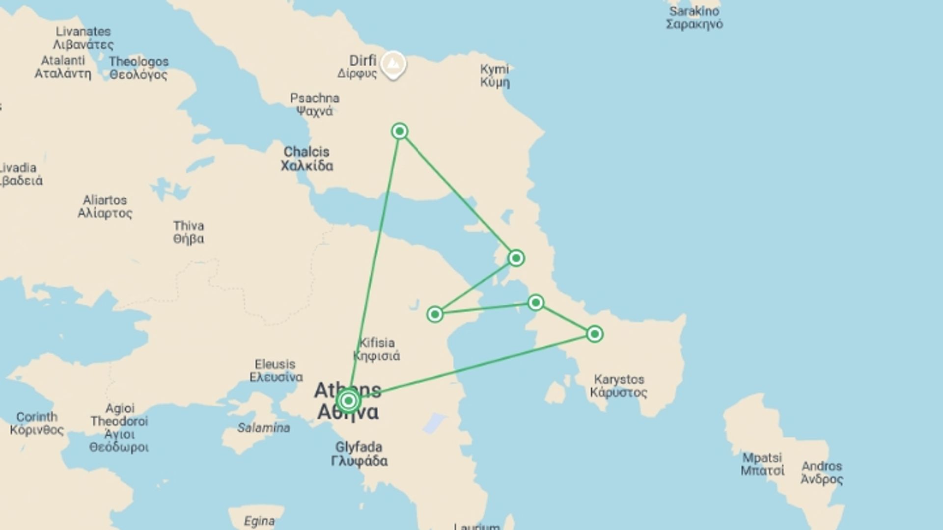 A map showing the tour itinerary for the trip: Greek Island Cruise, starting in Athens, Greece and ending in Athens, Greece going through 5 other destinations.