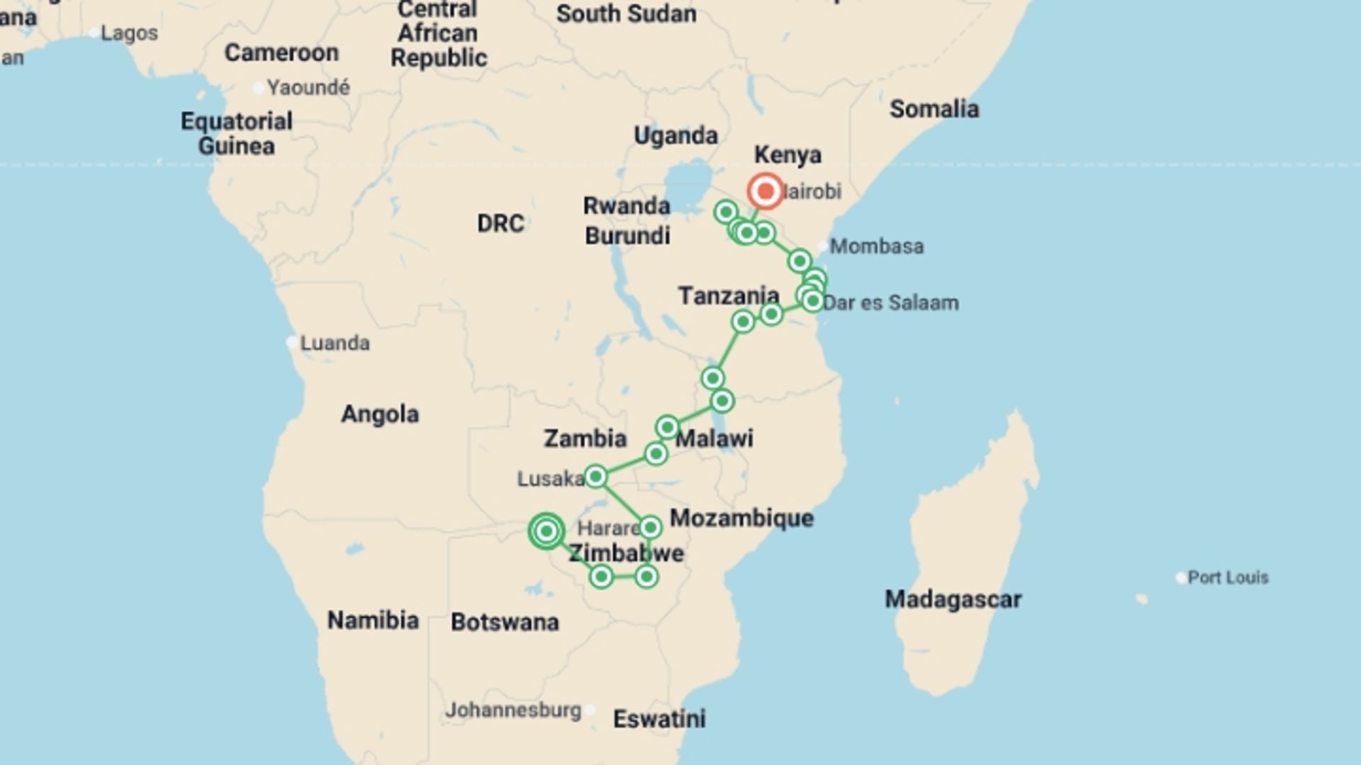 A map showing the tour itinerary for the trip: Vic Falls to Kenya, starting in Victoria Falls, Zimbabwe and ending in Nairobi, Kenya going through 19 other destinations.