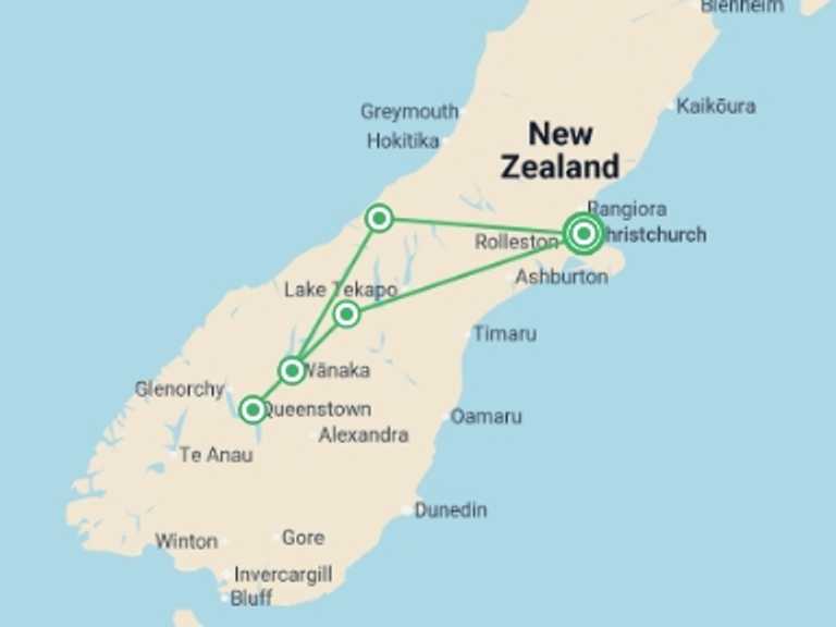 Map of Oceania Tour with 5 destination visits for the trip: New Zealand Southern Pioneer
